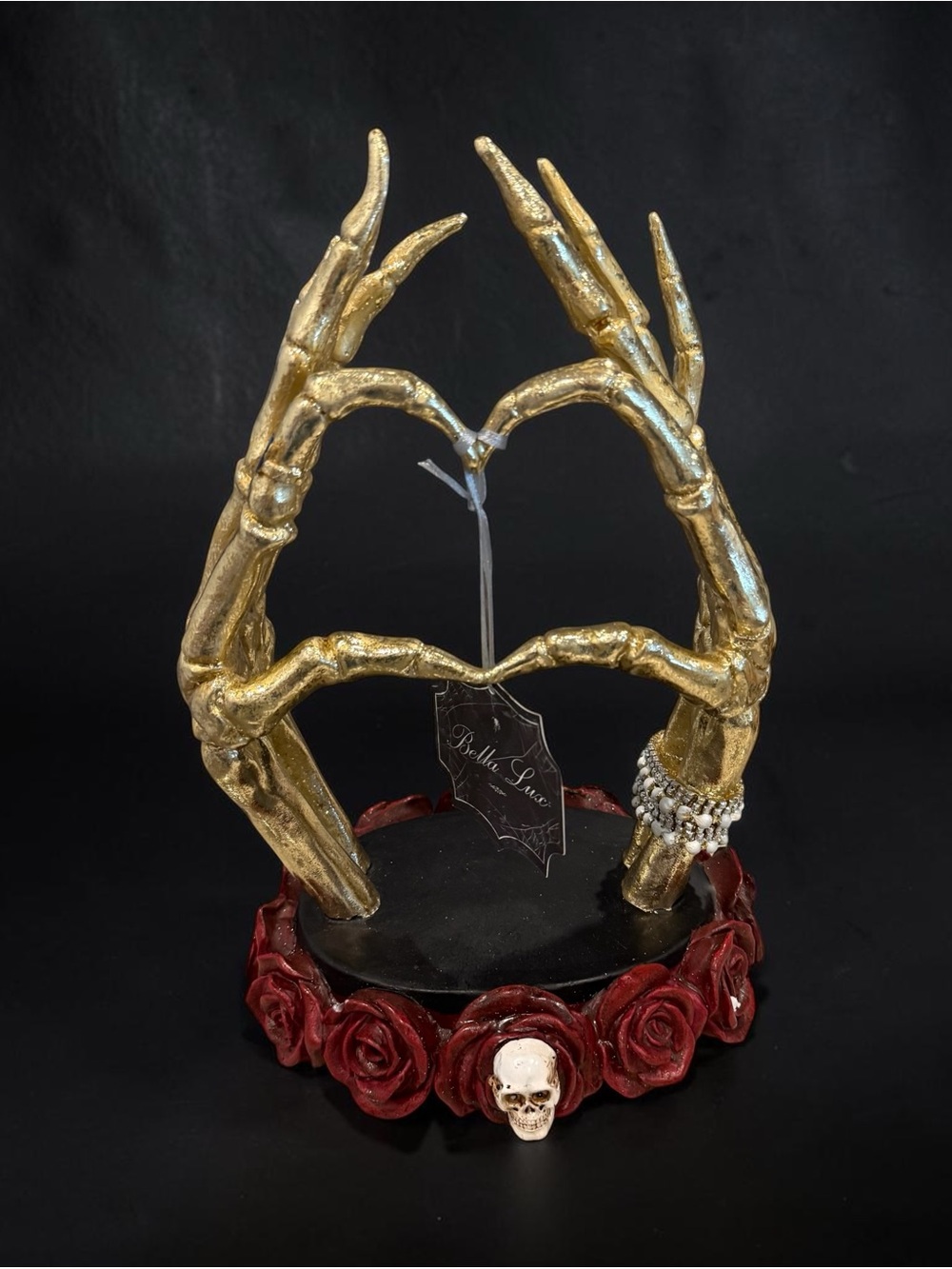 Bella luxx Gold Skeleton Hands Heart Accent with Red Rose Base Halloween decor